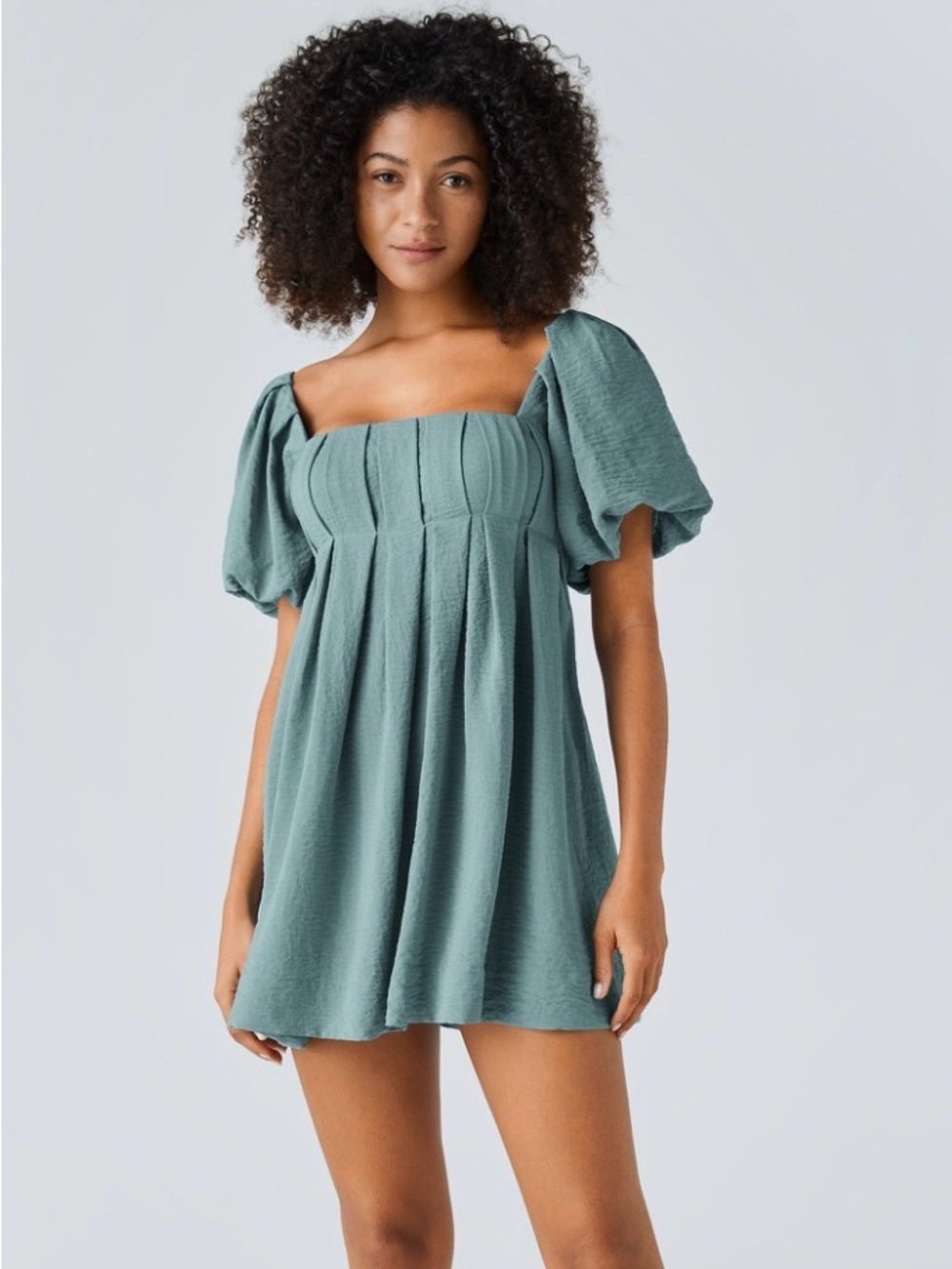 HALARA Morning Dew Green Square Neck Puff Sleeve Mini Dress Large